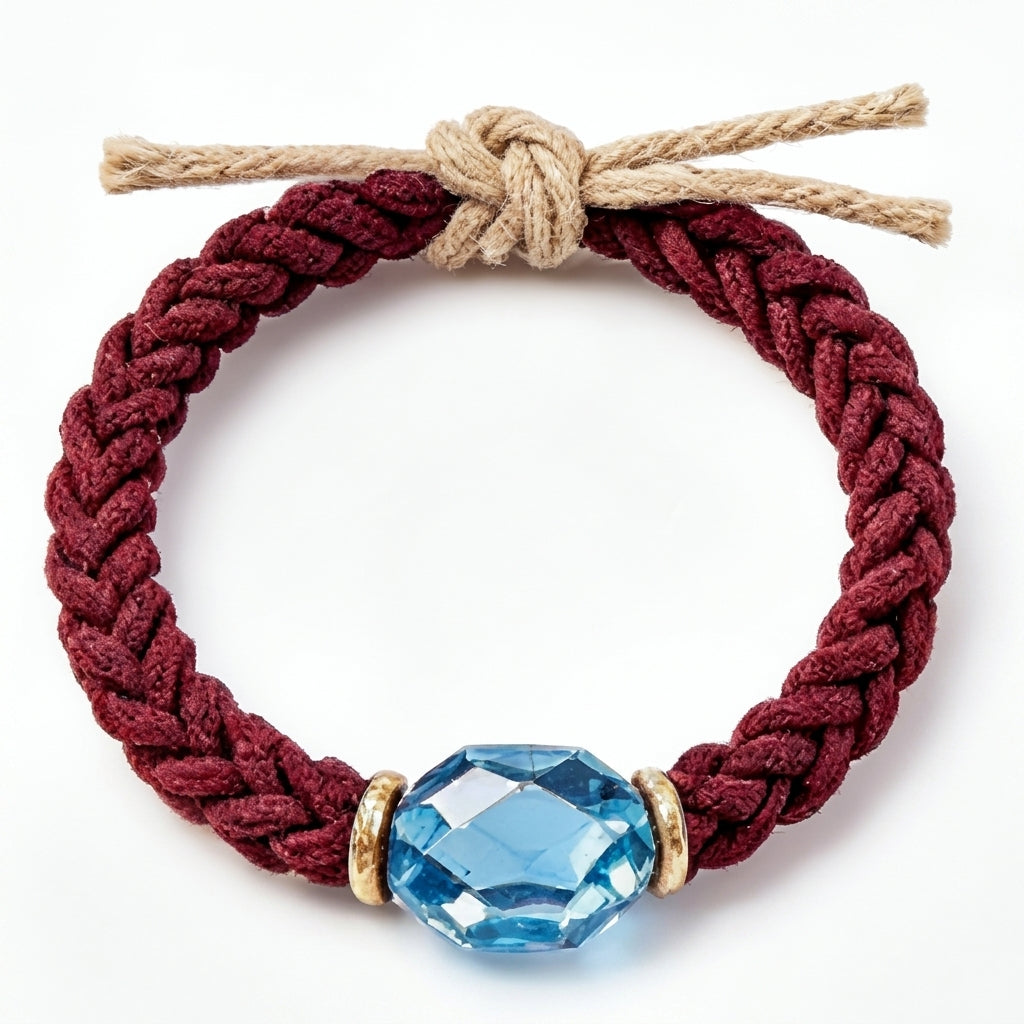 10pcs Burgundy Braided Cord Bracelet with Faceted Blue Crystal