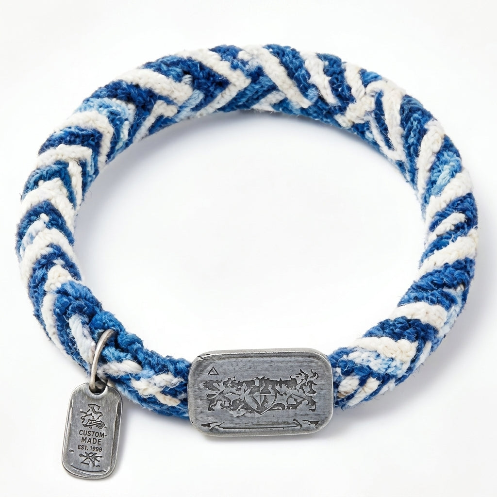 10pcs Blue and White Chevron Woven Rope Bracelet with Vintage Silver Crest