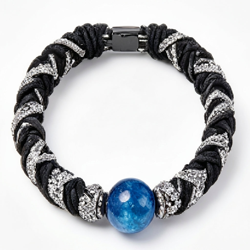 10pcs Black Woven Rope Bracelet with Blue Stone and Rhinestone Accents