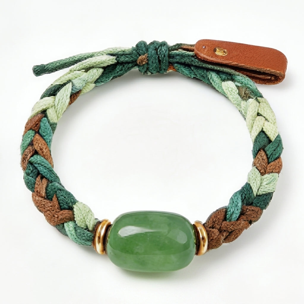 10pcs Earthy Green and Brown Braided Cord Bracelet with Polished Stone Centerpiece