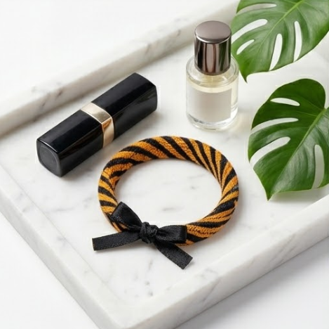 10pcs Orange and Black Tiger Stripe Fabric Bracelet with Black Ribbon Bow