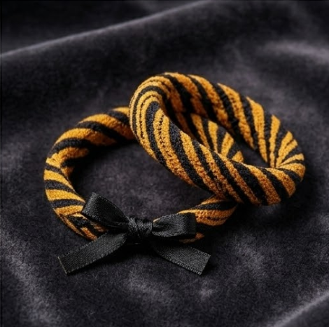 10pcs Orange and Black Tiger Stripe Fabric Bracelet with Black Ribbon Bow