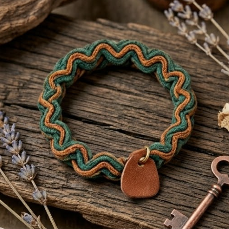 10pcs Earthy Green and Brown Wavy Woven Bracelet with Leather Charm