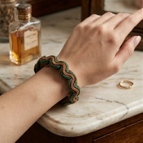 10pcs Earthy Green and Brown Wavy Woven Bracelet with Leather Charm