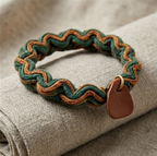 10pcs Earthy Green and Brown Wavy Woven Bracelet with Leather Charm