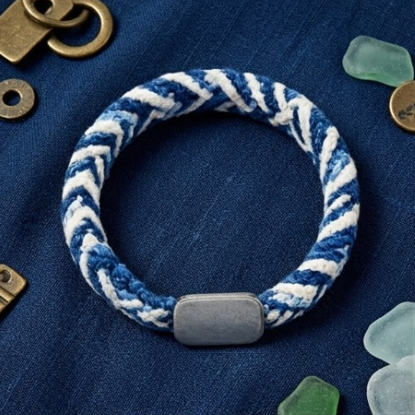 10pcs Blue and White Chevron Woven Rope Bracelet with Vintage Silver Crest