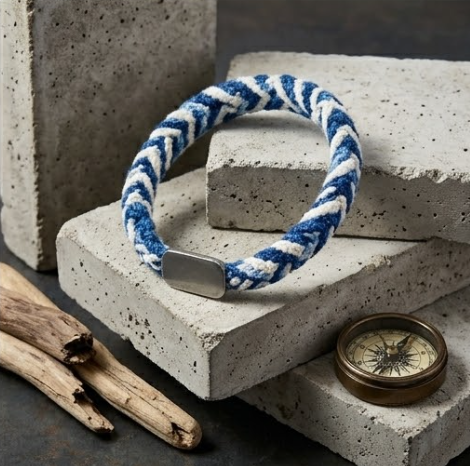 10pcs Blue and White Chevron Woven Rope Bracelet with Vintage Silver Crest