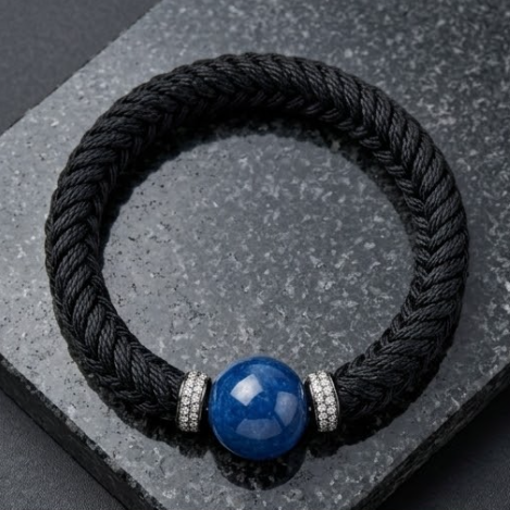 10pcs Black Woven Rope Bracelet with Blue Stone and Rhinestone Accents