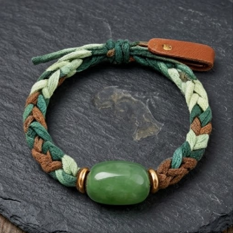 10pcs Earthy Green and Brown Braided Cord Bracelet with Polished Stone Centerpiece