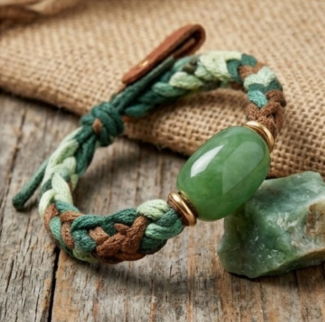 10pcs Earthy Green and Brown Braided Cord Bracelet with Polished Stone Centerpiece