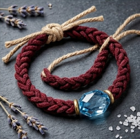 10pcs Burgundy Braided Cord Bracelet with Faceted Blue Crystal