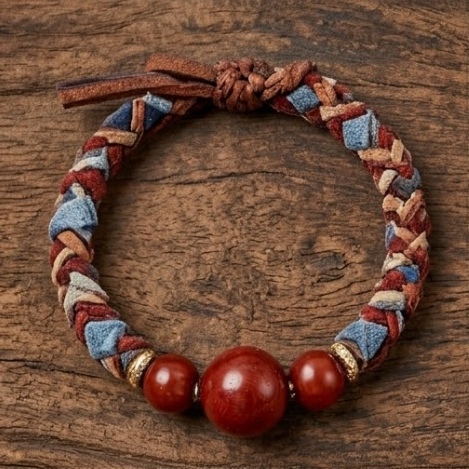 10pcs Rustic Braided Leather Bracelet with Red Stone Beads