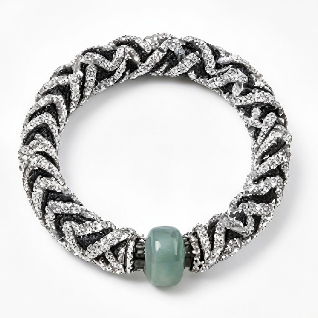 10pcs Black Woven Rhinestone Bracelet with Green Stone Centerpiece